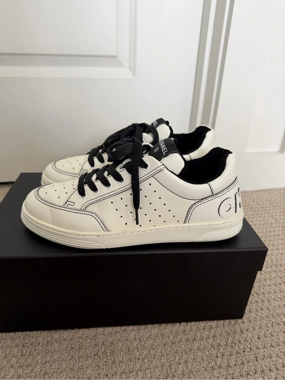 Chanel Women’s White/Black Leather Low-Top Sneakers